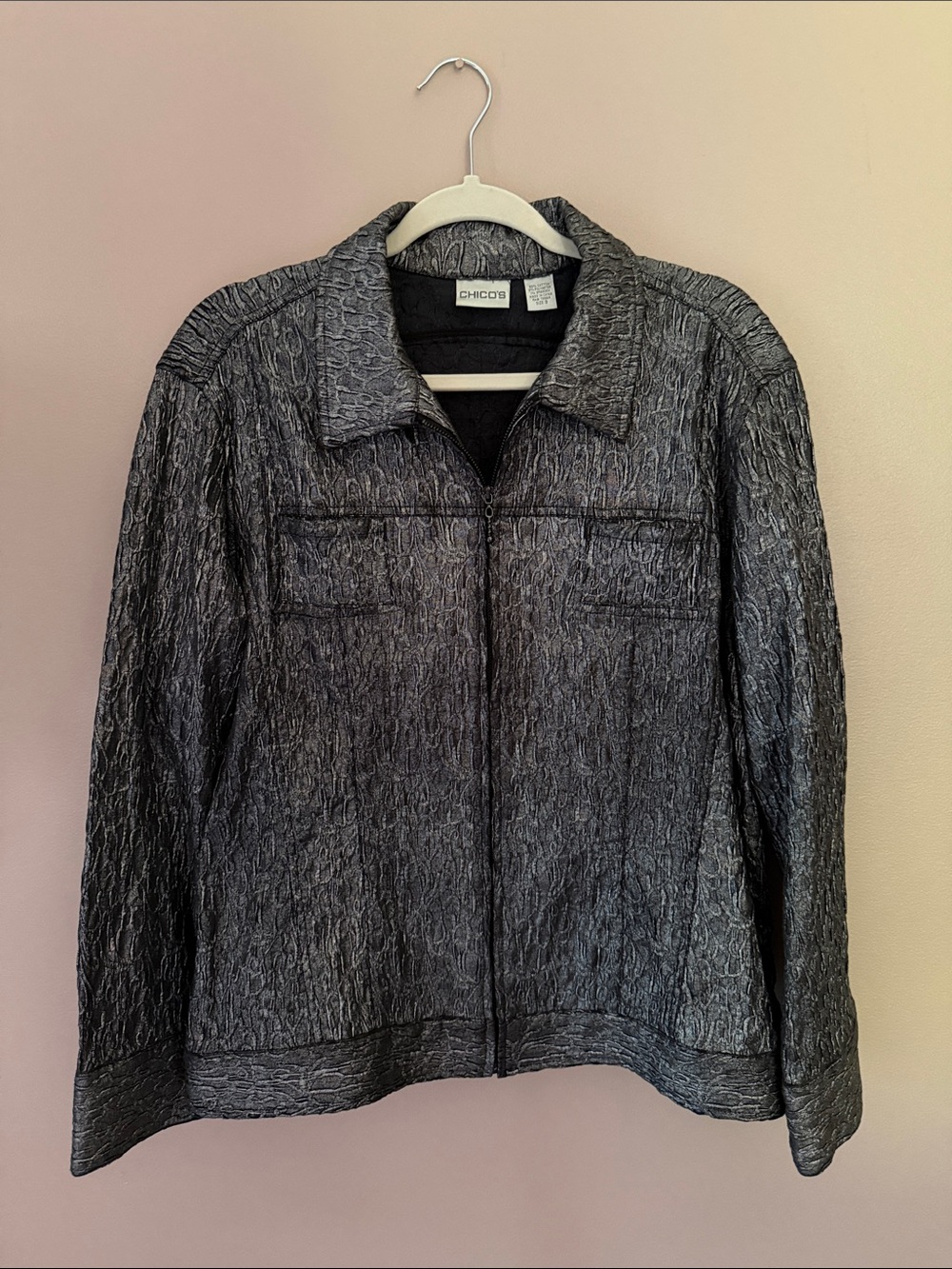 Chico's Black and Gray Textured Zip-Front Jacket